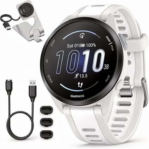 Vista 10 de Garmin 010-02863-20 Forerunner 165 - Reloj deportivo inteligente, color negro + gris pizarra con base de carga Deco Essentials, 3 cubiertas