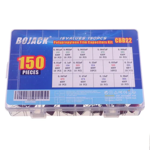 Vista 5 de BOJACK 15 Valores 150 Pcs Película de Polipropileno Metalizado Condensador DC 400V/0.01uF ~ 0.56uF 630V/0.001uF ~ 0.068uF Kit Surtido