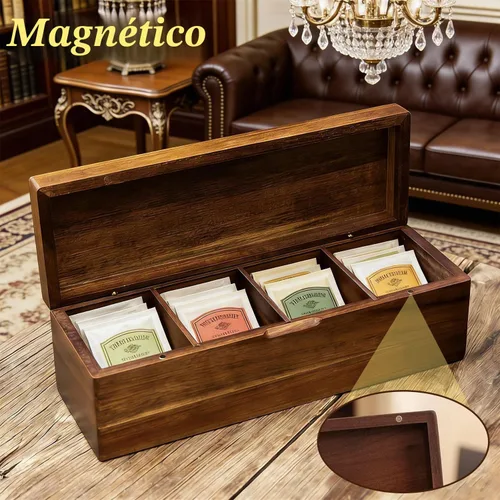 Vista 2 de Organizador de bolsas de té de madera de acacia con compartimentos