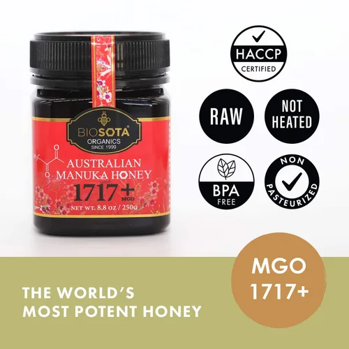 Vista 2 de BIOSOTA Miel de Manuka orgánica MGO 1717+ - Miel de Manuka de grado médico de Australia NPA/ULF 31+, miel pura 100% cruda sin calentar, 8.8 onzas