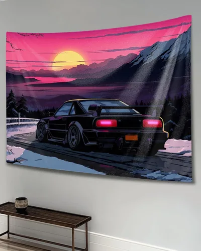Vista 11 de QEOPGNE Tapiz de pared grande Jdm Anime Sunset Japanese Car S13, tapiz de pared para dormitorio, sala de estar, decoración estética, tapices de 30 x