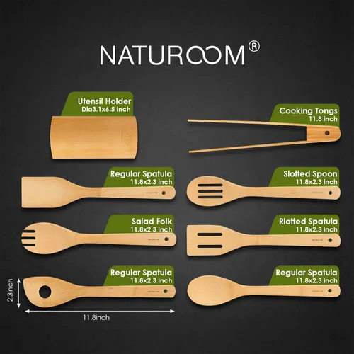 Vista 2 de Naturoom Juego de 8 utensilios de cocina, cuchara de cocina de madera de bambú de 12 pulgadas y espátula, herramientas perfectas para utensilios