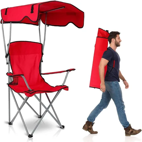 Vista 8 de TeqHome Silla de camping con toldo de sombra, silla de césped plegable resistente con capacidad máxima de 330 libras, silla de playa portátil