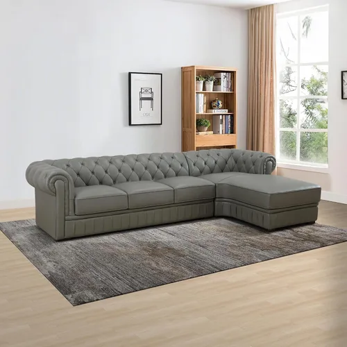 Vista 11 de FUOROLA Sofá modular de cuero genuino, juego de sofá en forma de L de lujo, muebles de sala de estar, sofá Chesterfield con diseño capitonado