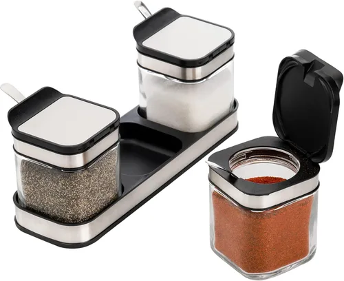 Vista 4 de DEAYOU Paquete de 3 cajas de condimentos de vidrio con bandeja, recipiente transparente para condimentos con tapa de acero inoxidable 18/10