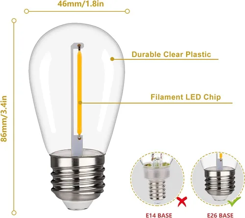 Vista 6 de Guirnalda de luces LED inastillables, impermeables, blanco cálido 2200K, 70LM, base E26, paquete de 15