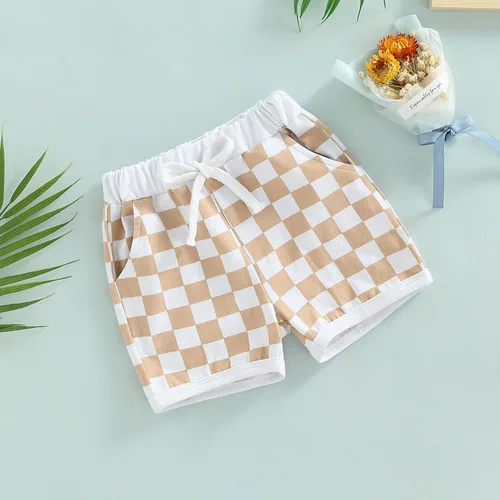 Vista 3 de Pantalones cortos de verano para bebé, con estampado a cuadros, de algodón, casuales, cintura elástica, pantalones cortos para correr