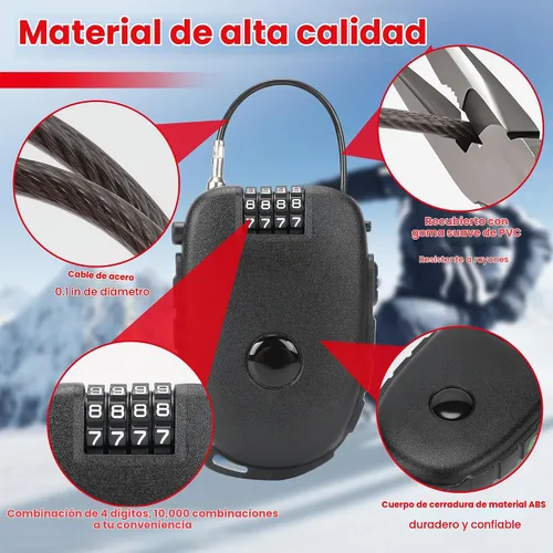 Vista 6 de Cerradura de combinación de 4 dígitos con cables de acero rápidamente retráctiles de 27.5 pulgadas, seguridad sin llave para bicicleta, casco