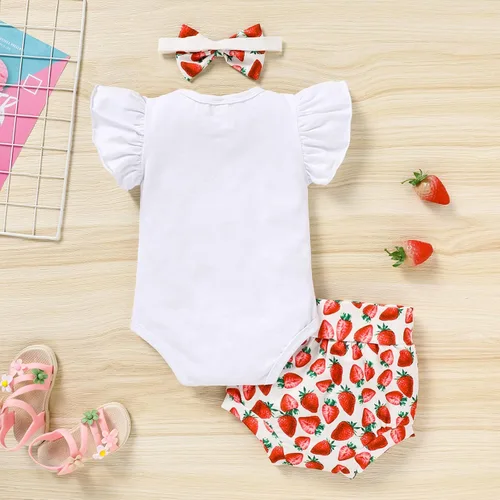Vista 13 de Conjunto de ropa para bebé niña de 1er cumpleaños con mangas con volantes + pantalones cortos estampados + diadema para tartas
