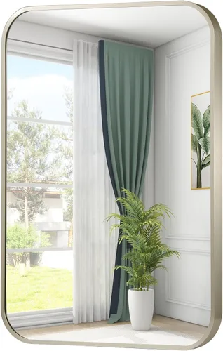 Vista 12 de Espejo de baño de níquel cepillado de 16 x 24 pulgadas, espejo rectangular enmarcado con esquina redondeada, espejo cepillado, espejo de baño