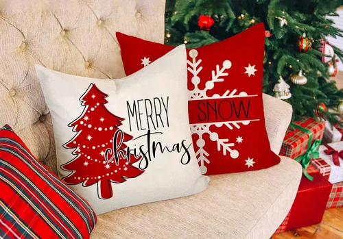 Vista 4 de Juego de 4 fundas de almohada rojas de Navidad de 18 x 18 pulgadas, decoración navideña de granja con texto en inglés "Merry Tree Joy Let It Snow