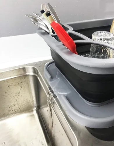 Vista 6 de SAMMART Escurridor de platos plegable con bandeja, juego de escurridor plegable, organizador de vajilla portátil, bandeja de almacenamiento