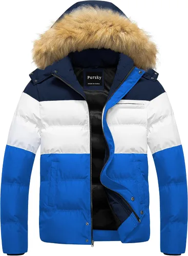 Vista 19 de Pursky Chaqueta de plumón impermeable para hombre, abrigos de invierno con capucha de piel para esquiar, parka con capucha de piel Verde militar