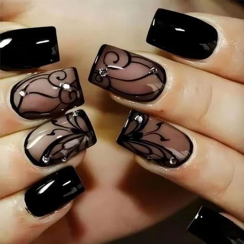 Vista 17 de 24 uñas postizas cortas a presión, color rosa RTKHFZE con diseño de mariposa blanca y diamantes de imitación, uñas postizas cuadradas de cobertura