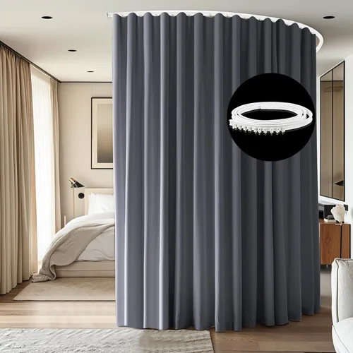 Vista 9 de Divisor de habitación con rieles para cortinas montadas en el techo, juego extra ancho de cortinas opacas con rieles flexibles para dormitorio