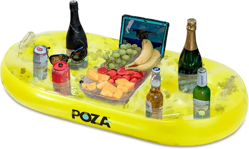 Vista 9 de POZA Hielera flotante inflable dorada – Lujoso soporte para bebidas relleno de confeti brillante, flotador de fiesta premium con 8 soportes, barra