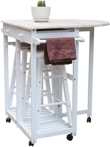 Vista 2 de FCH Drop Leaf Mesa de comedor con juegos de sillas para cocina pequeña, 3 piezas, carrito de cocina de madera con ruedas, 2 taburetes redondos y 2