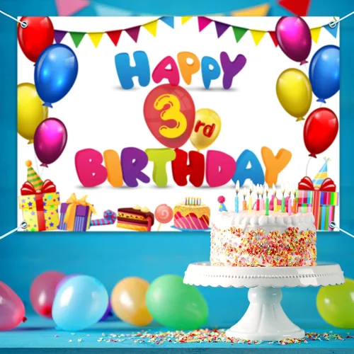 Vista 5 de HAMIGAR Fondo de pancarta de feliz cumpleaños de 6 x 4 pies, decoraciones de cumpleaños de 3 años, suministros de fiesta para niñas y niños, colorido