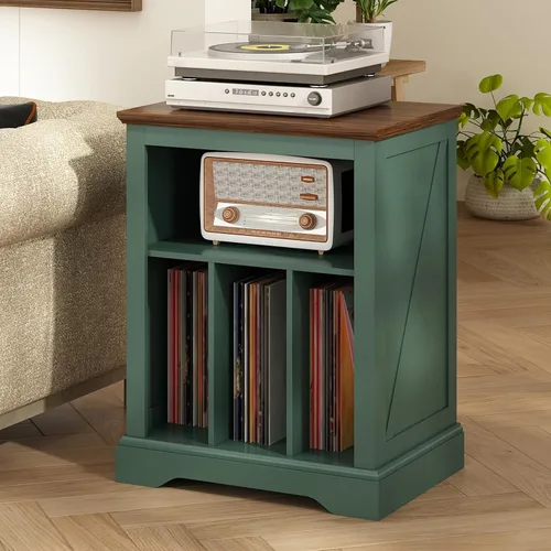 Vista 11 de Soporte de tocadiscos estilo granja, mesa auxiliar de 3 niveles, soporte para tocadiscos con almacenamiento para discos de vinilo, gabinete