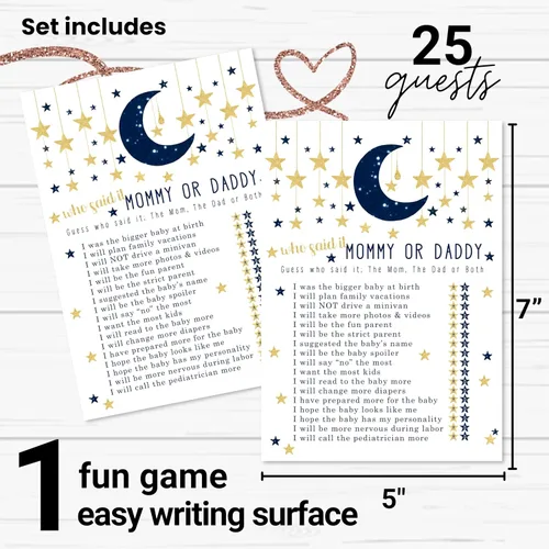 Vista 2 de Paper Clever Party Twinkle Little Star - Juegos de baby shower para niños, 25 tarjetas de juego de Adivina quién mamá o papá, divertidas actividades