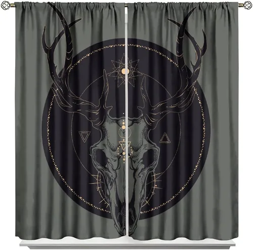 Vista 13 de BAEKJIN Cortinas de cabeza de cabra, diseño de calavera malvada, bruja, símbolo misterioso, bolsillo para barra, cortinas opacas para ventana, juego