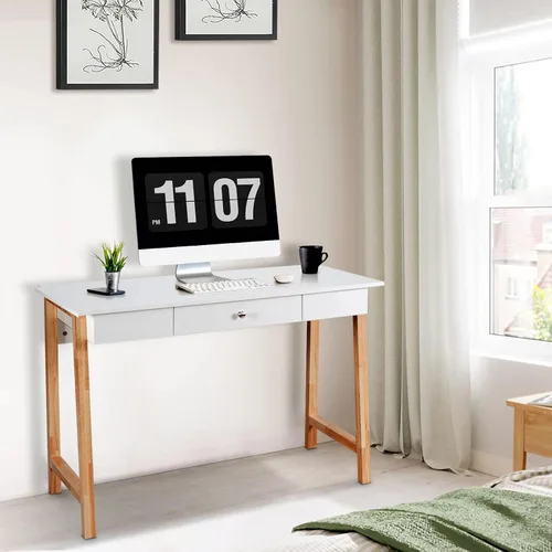 Vista 2 de COSTWAY Escritorio para computadora de 42 pulgadas con cajón de almacenamiento, moderna mesa de estudio de escritura en casa con patas de madera