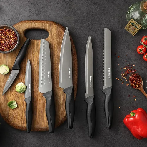 Vista 2 de Wanbasion Juego de cuchillos de cocina profesional negro, de acero inoxidable, apto para lavavajillas con fundas