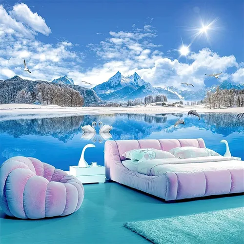 Vista 2 de Snowy Mountain Lake Bird - Papel tapiz 3D para fotos grandes, murales de pared de paisajes naturales, papel tapiz mural para sala de estar