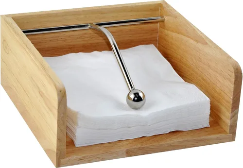 Vista 3 de Servilletero de papel de cóctel, soporte plano, servilleta decorativa para bebidas con barra central de metal sofisticada, madera maciza con grano