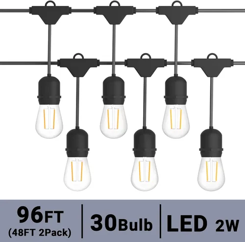 Vista 2 de Guirnalda de luces LED de 96 pies, IP65 impermeable, luces de patio al aire libre con 30 bombillas Edison inastillables, luces colgantes conectables