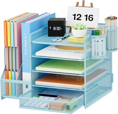 Vista 13 de Marbrasse - Organizador de escritorio con soporte para archivos, organizador de bandejas para papel tamaño carta de 5 niveles con cajón y 2 soportes