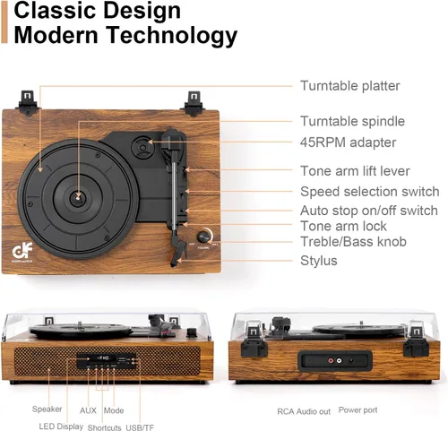 Vista 3 de Reproductor de discos de vinilo de tamaño extendido con reproducción Bluetooth, altavoces integrados, grabación USB, pantalla LED, tocadiscos