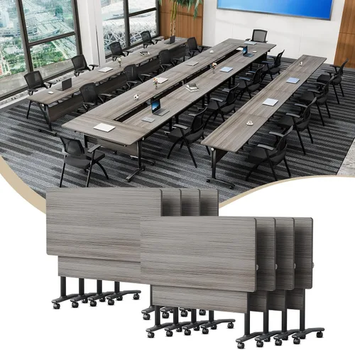 Vista 29 de Mesa de conferencias plegable con ruedas, mesa modular para sala de conferencias con 2 ojales para cables, mesas móviles de sala de reuniones