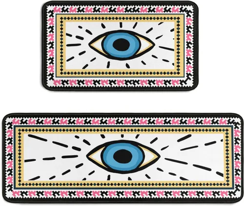 Vista 8 de Juego de 2 alfombras de cocina de mal de ojo, psicodélicas, antideslizantes, impermeables, cómodas, para decoración del hogar, sala de estar, 17 x