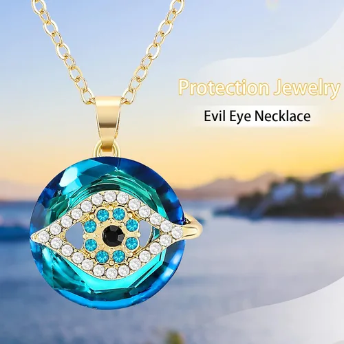 Vista 3 de Collar contra el mal de ojo, collar con dije de mal de ojo con círculo de cristal como collar de joyería de mal de ojo, collar de buena suerte, dije