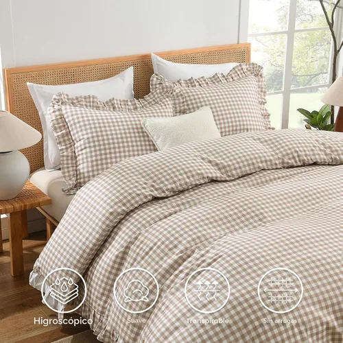 Vista 8 de Andency - Funda de edredón Gingham tamaño Queen, funda de edredón de estilo granjero con volantes en color marrón claro y estilo shabby chic, juego