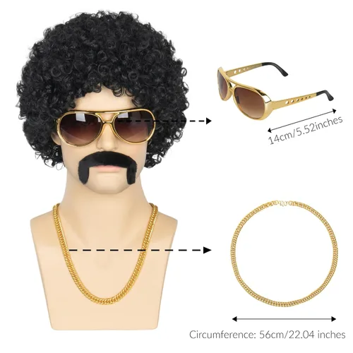 Vista 5 de Peluca de discoteca de los años 80 para hombre, peluca negra afro esponjosa con collar, bigote y lentes para cosplay de punk rock, juego de Halloween