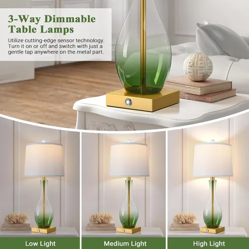 Vista 24 de Juego de 2 lámparas de mesa de cristal de 27 pulgadas con puertos USB, lámparas táctiles para mesita de noche 3-Way Dimmable,E26 Base, Bulbs