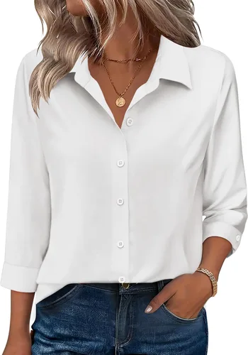 Vista 25 de Zeagoo Camisas con botones para mujer, manga 3/4, cuello en V, blusas con cuello en V, trajes casuales de negocios