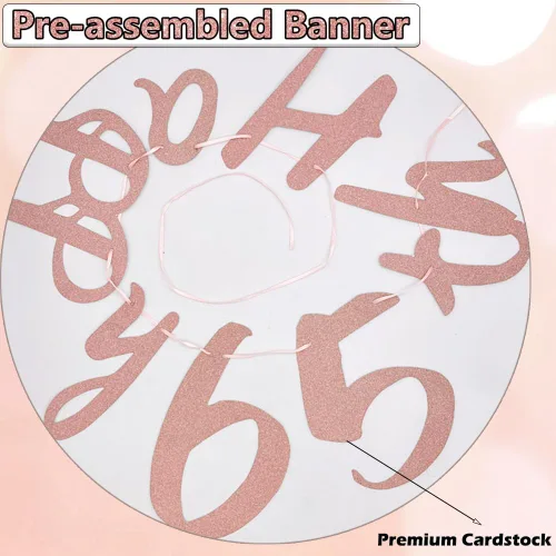 Vista 5 de WOJOGO Decoraciones de cumpleaños número 65 para mujer, kit de decoración de cumpleaños número 65 de oro rosa con pancarta, decoración de pastel