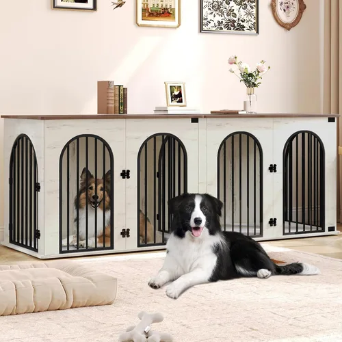 Vista 14 de Hzuaneri 63" Mueble de jaula para perros para 2 perros, jaula de perro interior resistente con soporte para TV, jaula de madera para perros L