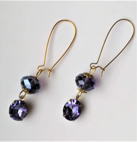Vista 3 de Tanzanite Blue Violet Purple Gold Plated Earrings, Faceted Crystal Doughnut Bead