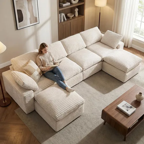 Vista 20 de KKL Sofá modular de 150 pulgadas, sofá modular en forma de U con otomana, sofá de pana sin hueso para sala de estar y dormitorio, sofá modular Negro