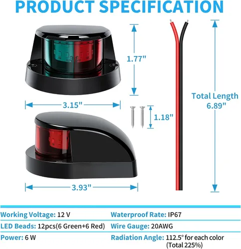 Vista 8 de Obcursco Luces de Navegación para Barco, Luces LED Marinas de Proa Verdes y Rojas, IP67 Impermeable, Resistente a la Oxidación, Ideal para Pontón
