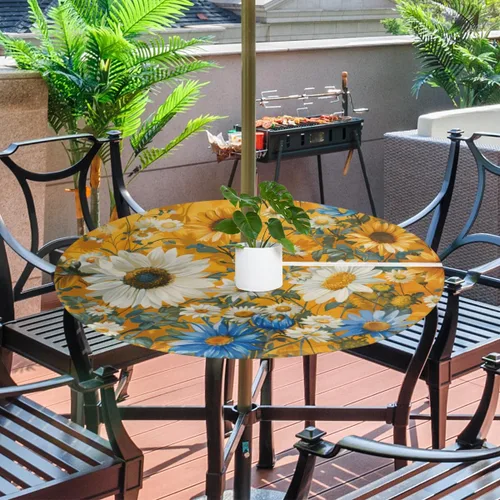 Vista 2 de Mantel redondo para exteriores con agujero para paraguas, mantel de temporada con margaritas para exteriores, con cremallera, impermeable, mantel