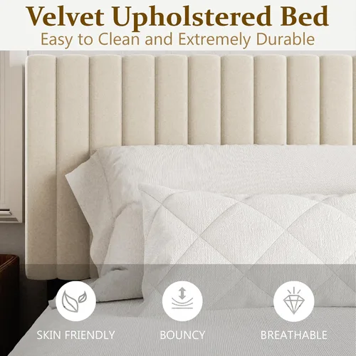 Vista 4 de Sismplly Armazón de cama tamaño completo con cabecera tapizada en terciopelo, cama de plataforma con listones de madera resistentes, base