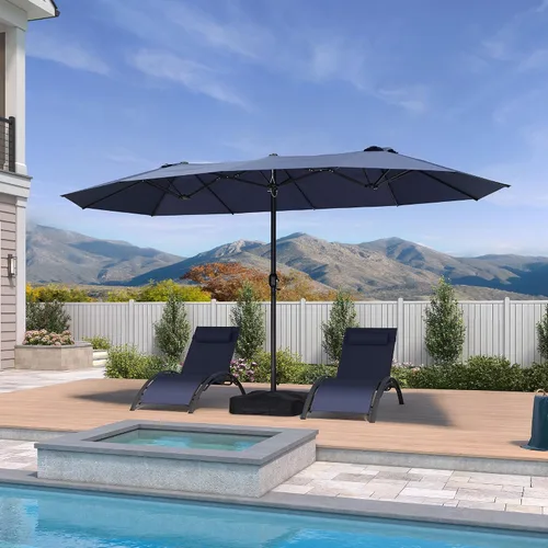 Vista 17 de PURPLE LEAF - Sombrilla de mercado de patio de 13 pies con base rectangular doble cara, sombrilla de mesa para exteriores con manivela, 12 varillas