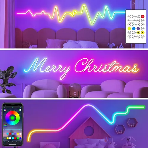 Vista 5 de Tira de luces de neón de 20 pies, cuerda de luces LED flexible con aplicación/control remoto, múltiples modos de luces, luces de neón LED RGB IP65