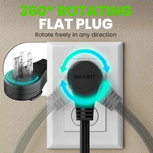 Vista 3 de GEARit Cable de extensión de enchufe plano giratorio de 360° de 3 pies, cable de alimentación de perfil bajo de 3 salidas, ahorro de espacio