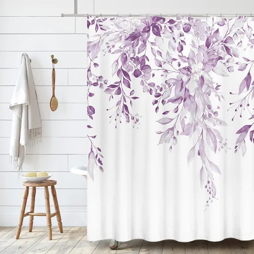 Vista 13 de Tititex - Juego de cortinas de ducha de eucalipto negro, hojas de acuarela gris en la parte superior, con decoración floral de baño, 60 x 72